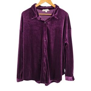Weekend Suzanne Betro Purple Velvet Button Down Long Sleeve Shirt Top 1X Holiday